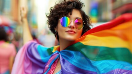 Confident young woman wearing rainbow sunglasses and draped in a rainbow flag, celebrating LGBTQ+ pride. Festive and empowering concept.