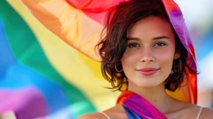 Portrait of a young woman with a rainbow flag draped around her, symbolizing LGBTQ+ pride and celebration.