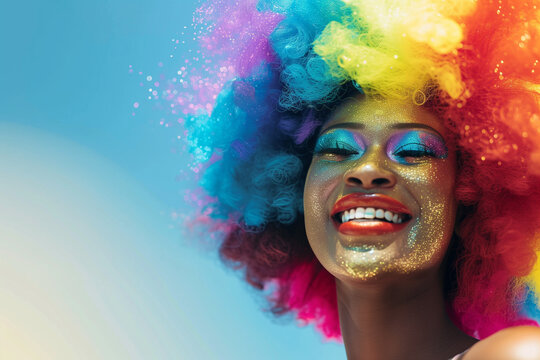 Drag queen di origini africane con parrucca colorata durante la parata del Pride Month per l'inclusione LGBTQ+