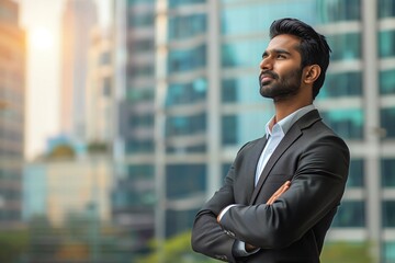 successful indian business man standing in big city