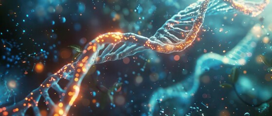 Obraz premium A detailed hologram of a human DNA strand integrated with nanotechnology, illustrating genetic engineering advancements