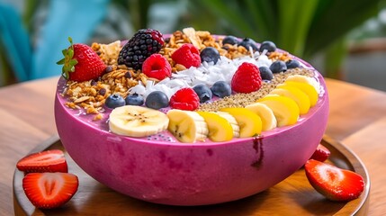 Colorful Acai Smoothie Bowl with Fresh Berries, Banana, and Coconut Toppings.