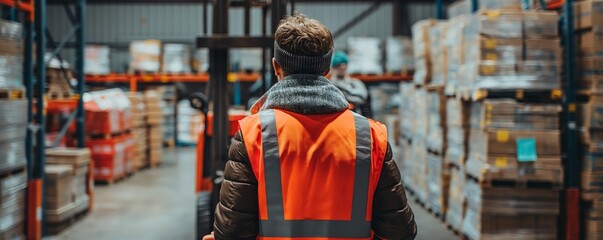 Obraz premium The image captures a warehouse employee from behind as they scan the rows of goods