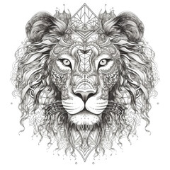 Obraz premium Lion Head Art. Lion Face with sacred geometry or ornamental mandala. Hand drawn Illustration for tattoo or t-shirt design, poster, emblem, badge, patch. Lion Head, Tattoo art, Artwork