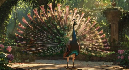 Obraz premium Majestic Peacock Displaying Feathers in Garden 