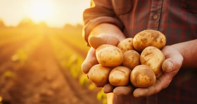 close up of farmer holding potatoes in hands on harvest field background at sunset