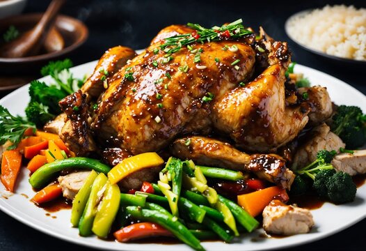 Amazing close-up of traditional chicken adobo for dinner with fries.