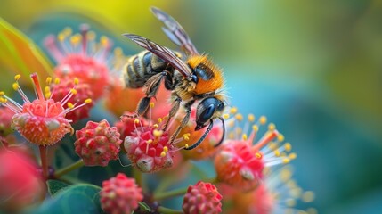 Close-up of a Bee Collecting Pollen on a Flower