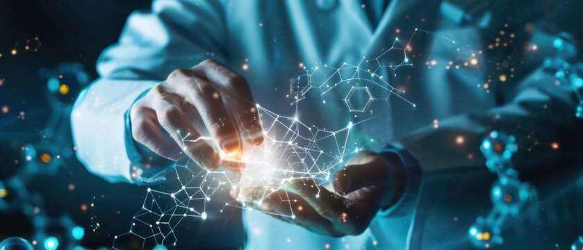A hightech closeup of a scientist s hands manipulating virtual chemical compounds