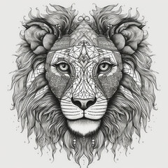 Fototapeta premium Lion Head. Lion Face with sacred geometry or ornamental mandala. Hand drawn Illustration for tattoo or t-shirt design, poster, emblem, badge, patch. Lion Head, Tattoo art, Artwork