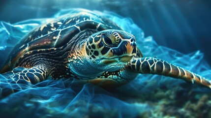 Fototapeta premium A wild sea turtle with a transparent plastic bag floating underwater, representing the concept of environmental pollution.