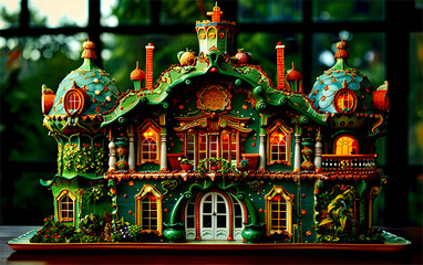 Christmas house composition . Suburban Home with Spectacular Christmas Light Display. Christmas decoration in the church of our person. 