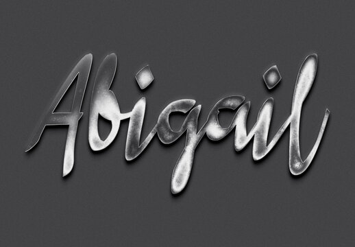 Chrome metal 3D name design of Abigail on grey background.