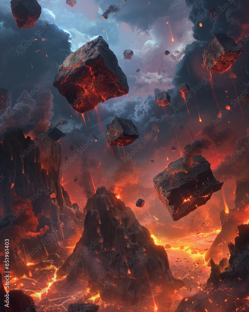 Poster apocalyptic scene with floating rocks and flames, creating an ominous atmosphere