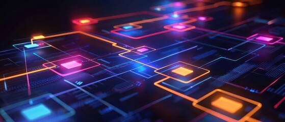 An abstract flowchart with neon elements representing innovative business solutions