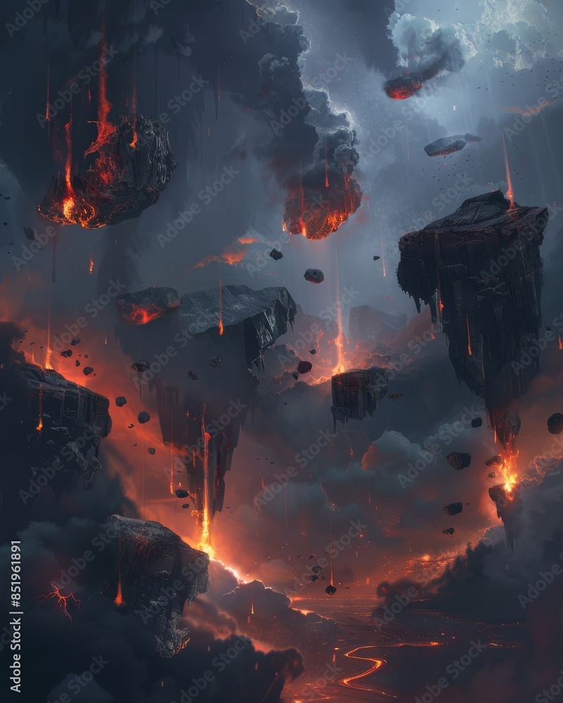 Poster apocalyptic scene with floating rocks and flames, creating an ominous atmosphere