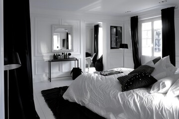 Black And White Bedroom. Master Bedchamber Interior with Makeup Table and Mirror
