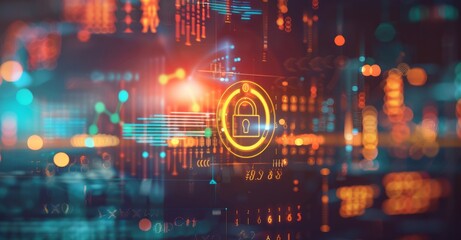 Fototapeta premium Digital illustration of security symbols like lock and circle with icons representing network technology and cyber security in the background