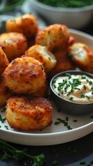 Fototapeta premium Golden fried potato croquettes served on a white ceramic plate with a side of creamy garlic aioli