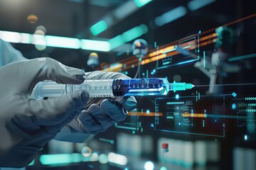Fototapeta premium An augmented reality closeup of a doctor s hand using a smart syringe with digital readouts