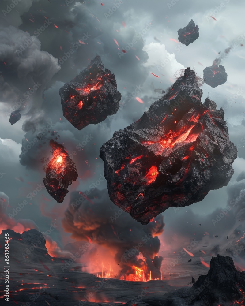 Poster apocalyptic scene with floating rocks and flames, creating an ominous atmosphere