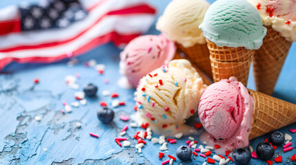 Ice cream , ice cream background design, summer ice creams. Three colorful ice cream cones with sprinkles and candy on pastel background.