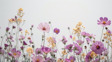 Purple and golden flowers against a white backdrop