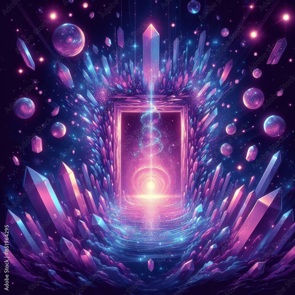 Poster surreal artwork of a glowing portal surrounded by vibrant crystals and floating orbs, depicting a fa