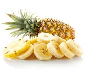 Pineapple Banana. Composition of Banana Slices with Pineapple Slice in White Background