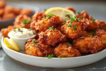 Fototapeta premium Perfectly fried chicken karaage served hot on a white ceramic plate with a side of Japanese mayo and a wedge of lemon
