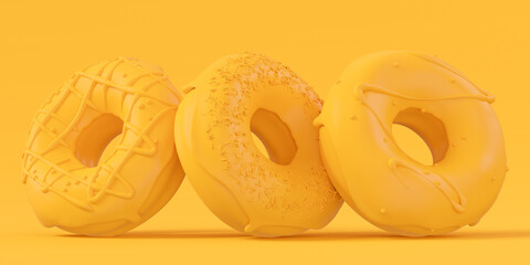 Stack of glazed donut with sprinkles on plain monochrome yellow color