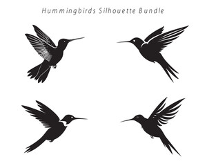 set of silhouettes of hummingbird