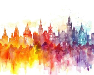 Watercolor Town. Silhouette of City Skyline in Watercolor Design