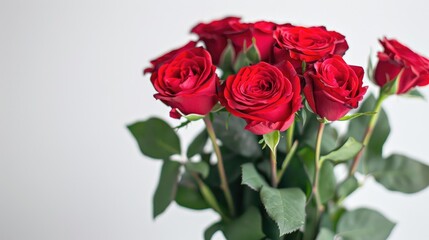 A vibrant bouquet of red roses set against a pure white backdrop captured in a stunning close up shot
