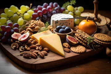 Elegant cheese platter with assorted fruits, nuts, and crackers.