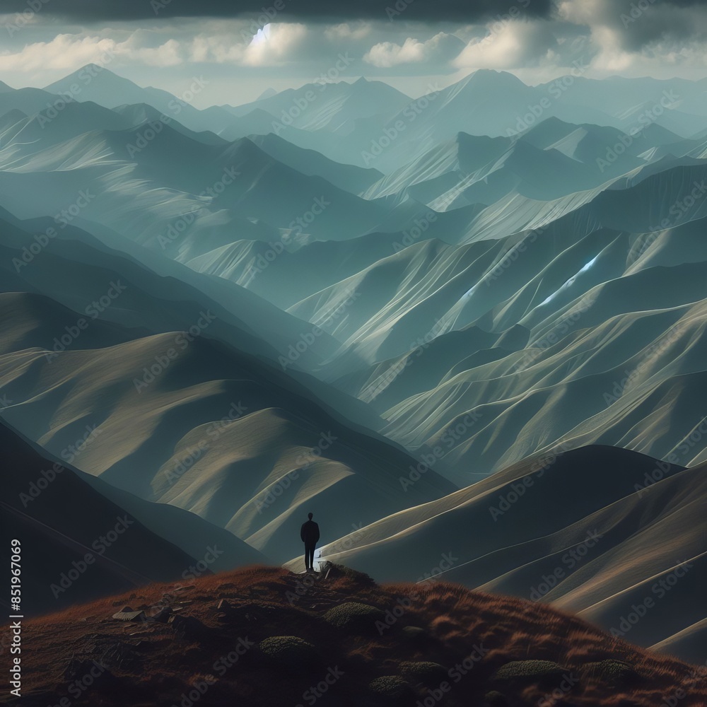 Poster a solitary figure stands on a peak, overlooking a vast expanse of undulating mountain ranges under a