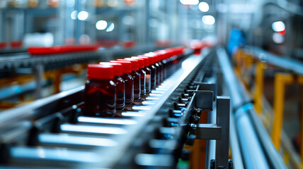 Obraz premium Close up of soda bottles on conveyor