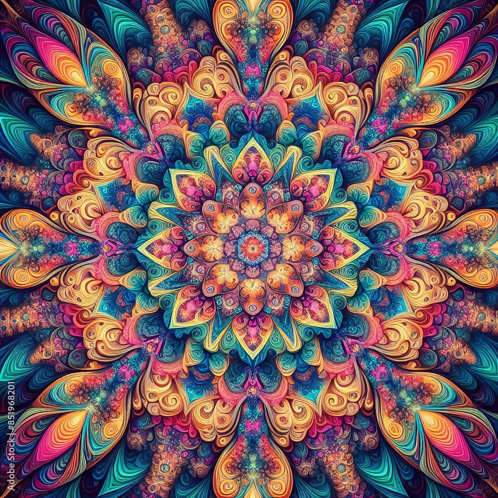 Aufkleber an intricate and colorful mandala featuring vibrant fractal patterns in a kaleidoscopic arrangement.