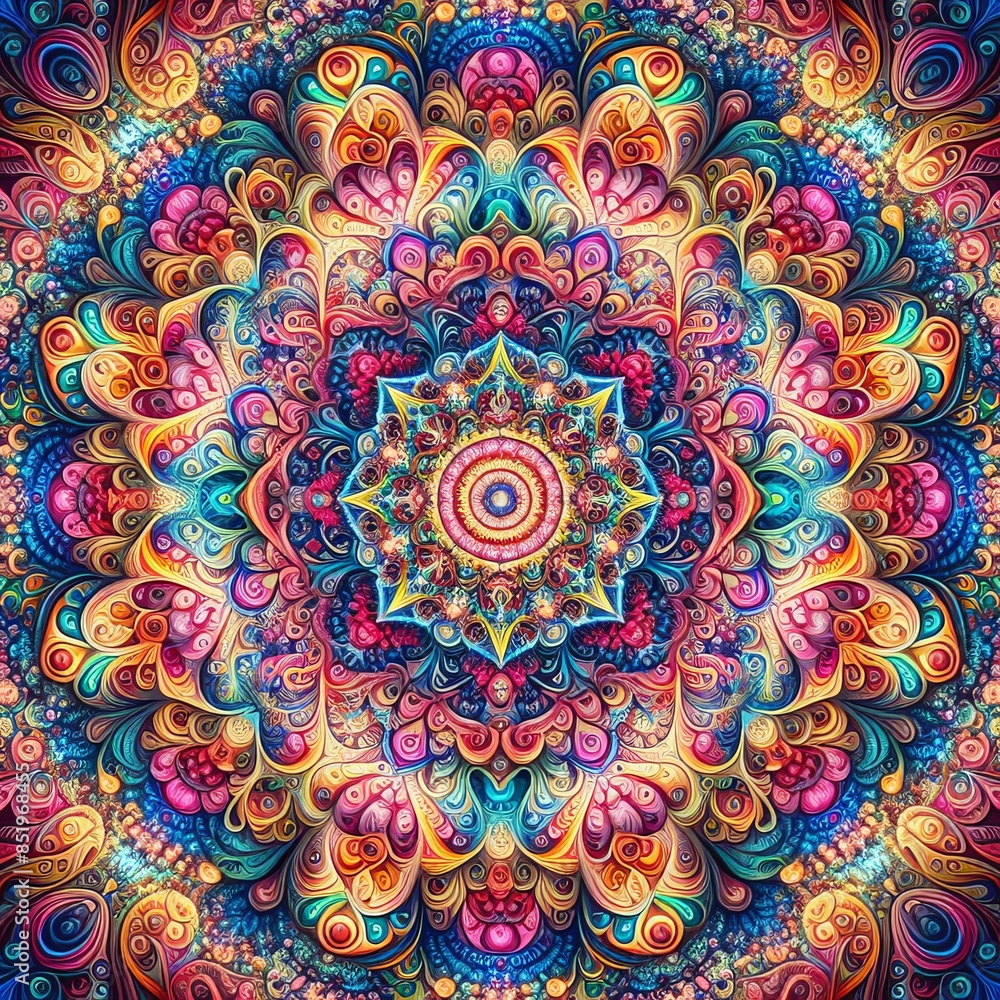 Poster a vibrant, colorful mandala pattern with intricate details and symmetrical design. the image showcas