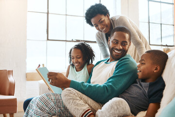 Reading, happy and black family with story on sofa for bonding together on fathers day at home....