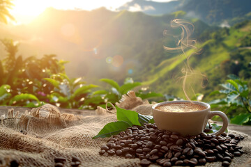 A steaming cup of coffee on a burlap mat with coffee beans, surrounded by lush green mountains at sunrise