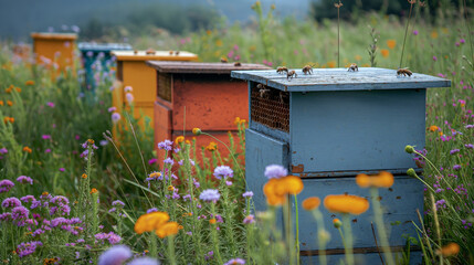 bee hives in the field surround flowers and grass