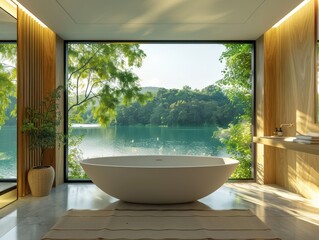 Fototapeta premium Photo of a bathroom with a window overlooking a serene lake, mockup design