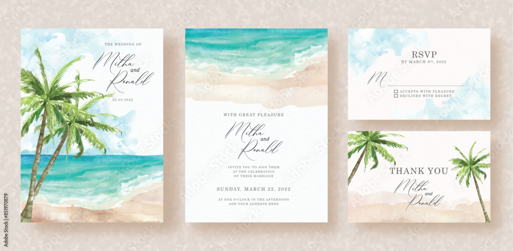 Wall mural exotic beach and palm trees views watercolor on wedding invitation background - Wall murals