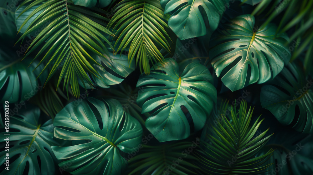 Sticker closeup nature view of green leaf and palms background. flat lay, dark nature concept, tropical leaf