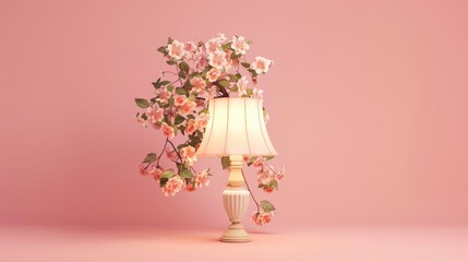 Unconventional lamp adorned with fake blooms on pale pink background edited photograph