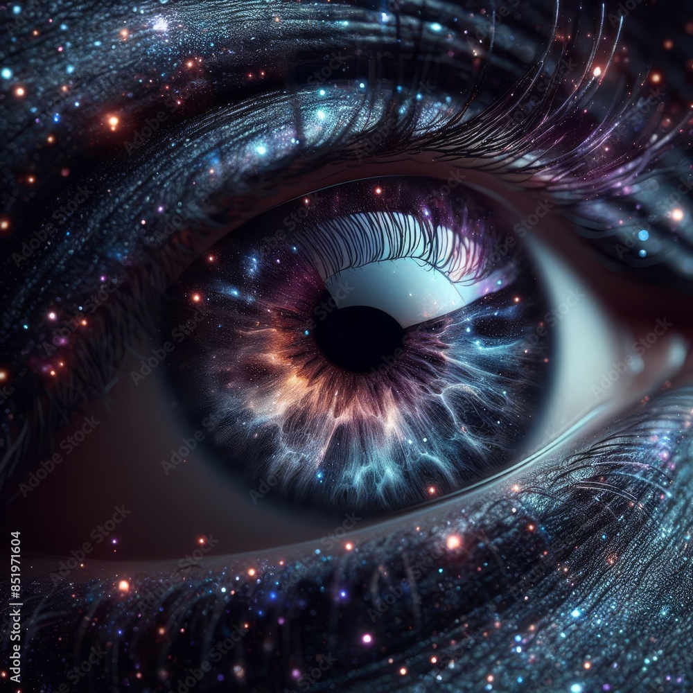 Poster a mesmerizing close-up of a human eye reflecting a cosmic nebula and stars. the intricate details an
