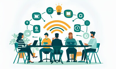 Fototapeta premium A team of diverse individuals collaborates remotely via a wireless network connection, using laptops and other digital tools