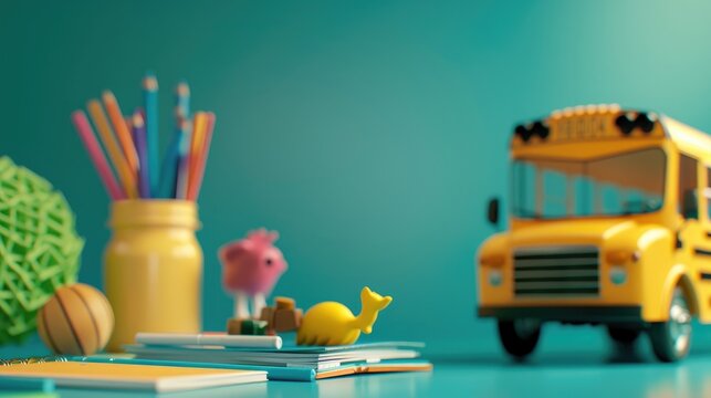 Educational supplies on desk with space for text Return to school Bus for school