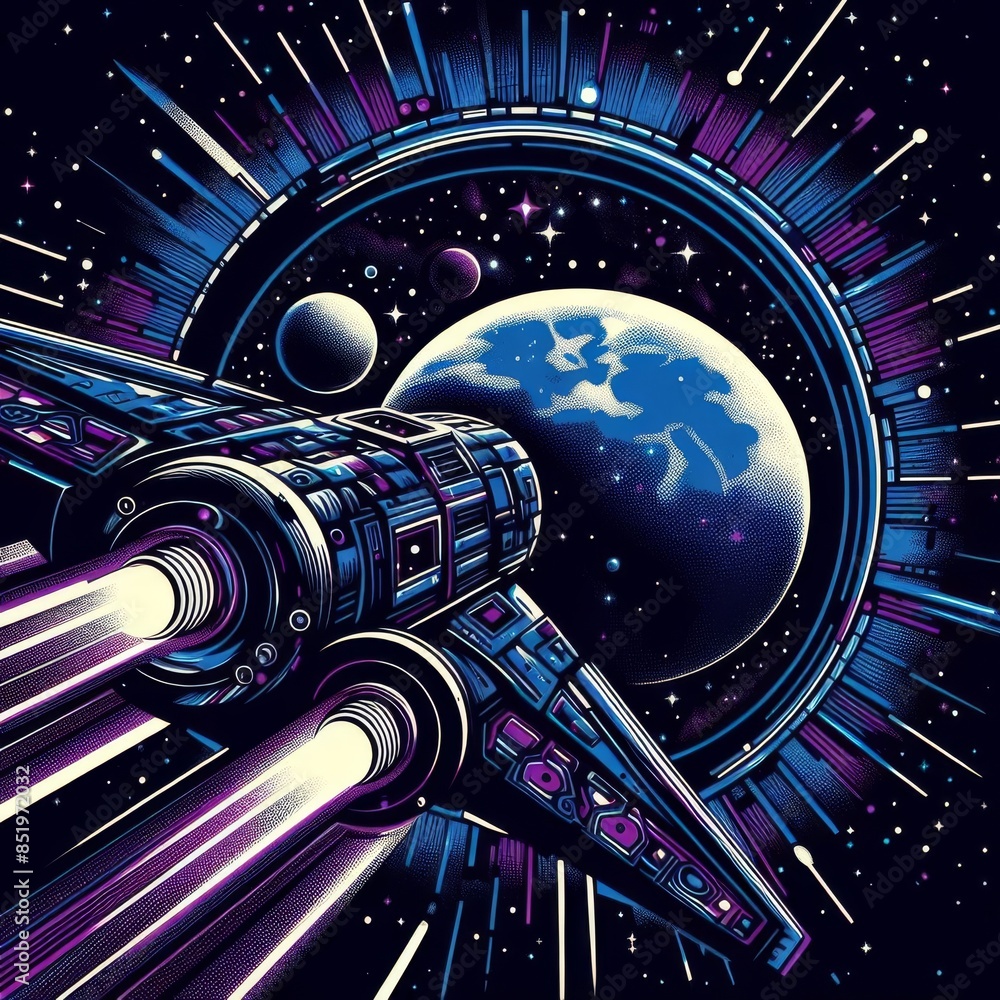 Poster dynamic illustration of a futuristic spaceship flying through the vast expanse of outer space, with 